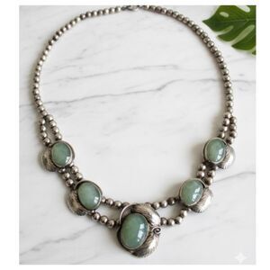 Vintage 925 Mexican Sterling Silver Green Onyx Statement Necklace 23” 113g